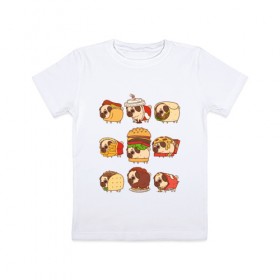 Детская футболка хлопок с принтом Мопсы в Петрозаводске, 100% хлопок | круглый вырез горловины, полуприлегающий силуэт, длина до линии бедер | Тематика изображения на принте: fastfood | pug | бургер | еда | кола | пицца | собака | фастфуд | хотдог | чипсы | шаурма
