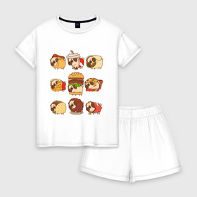 Женская пижама с шортиками хлопок с принтом Мопсы в Петрозаводске, 100% хлопок | футболка прямого кроя, шорты свободные с широкой мягкой резинкой | fastfood | pug | бургер | еда | кола | пицца | собака | фастфуд | хотдог | чипсы | шаурма