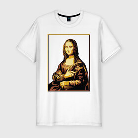 Мужская футболка хлопок Slim с принтом Fuck from Mona Lisa в Петрозаводске, 92% хлопок, 8% лайкра | приталенный силуэт, круглый вырез ворота, длина до линии бедра, короткий рукав | женщина | искусство | картина | лиза | мона | палец
