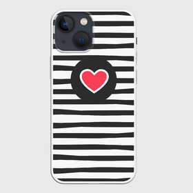 Чехол для iPhone 13 mini с принтом Сердце в полоску в Петрозаводске,  |  | black | lines | mochino | белый | москино | полоски | полосы | сердечко | сердце | черный