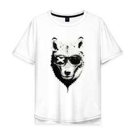 Мужская футболка хлопок Oversize с принтом wolf with glasses в Петрозаводске, 100% хлопок | свободный крой, круглый ворот, “спинка” длиннее передней части | wolf | волк | волк в очках | голова | животное | животное в очках | зверь. | мода | модное | очки | пес | собака | хипстер