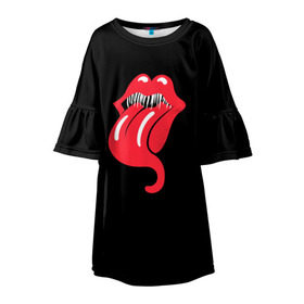 Детское платье 3D с принтом Monsters Kiss в Петрозаводске, 100% полиэстер | прямой силуэт, чуть расширенный к низу. Круглая горловина, на рукавах — воланы | halloween | jagger | lips | mick | monster | rock | rolling | stones | tongue | tooth | вольные | губы | джаггер | зубы | камни | катящиеся | мик | монстер | рок | странники | хеллоуин | хэллоуин | язык