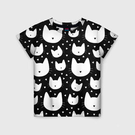 Детская футболка 3D с принтом Love Cats Pattern в Петрозаводске, 100% гипоаллергенный полиэфир | прямой крой, круглый вырез горловины, длина до линии бедер, чуть спущенное плечо, ткань немного тянется | белый | кот | котенок | котэ | котя | котята | кошка | любовь | мимими | паттерн | сердечки | сердце | силуэт | черный | я люблю кошек