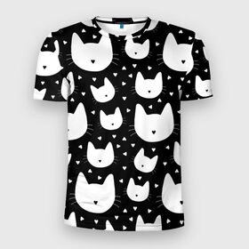 Мужская футболка 3D спортивная с принтом Love Cats Pattern в Петрозаводске, 100% полиэстер с улучшенными характеристиками | приталенный силуэт, круглая горловина, широкие плечи, сужается к линии бедра | Тематика изображения на принте: белый | кот | котенок | котэ | котя | котята | кошка | любовь | мимими | паттерн | сердечки | сердце | силуэт | черный | я люблю кошек