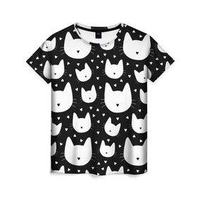 Женская футболка 3D с принтом Love Cats Pattern в Петрозаводске, 100% полиэфир ( синтетическое хлопкоподобное полотно) | прямой крой, круглый вырез горловины, длина до линии бедер | белый | кот | котенок | котэ | котя | котята | кошка | любовь | мимими | паттерн | сердечки | сердце | силуэт | черный | я люблю кошек