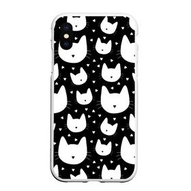 Чехол для iPhone XS Max матовый с принтом Love Cats Pattern в Петрозаводске, Силикон | Область печати: задняя сторона чехла, без боковых панелей | белый | кот | котенок | котэ | котя | котята | кошка | любовь | мимими | паттерн | сердечки | сердце | силуэт | черный | я люблю кошек
