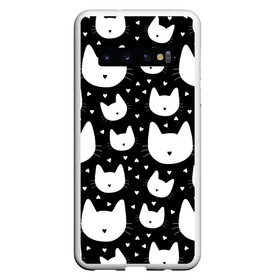 Чехол для Samsung Galaxy S10 с принтом Love Cats Pattern в Петрозаводске, Силикон | Область печати: задняя сторона чехла, без боковых панелей | белый | кот | котенок | котэ | котя | котята | кошка | любовь | мимими | паттерн | сердечки | сердце | силуэт | черный | я люблю кошек