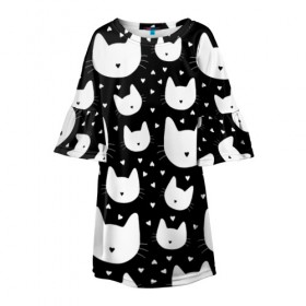 Детское платье 3D с принтом Love Cats Pattern в Петрозаводске, 100% полиэстер | прямой силуэт, чуть расширенный к низу. Круглая горловина, на рукавах — воланы | белый | кот | котенок | котэ | котя | котята | кошка | любовь | мимими | паттерн | сердечки | сердце | силуэт | черный | я люблю кошек