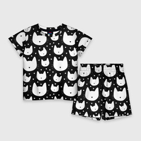 Детский костюм с шортами 3D с принтом Love Cats Pattern в Петрозаводске,  |  | белый | кот | котенок | котэ | котя | котята | кошка | любовь | мимими | паттерн | сердечки | сердце | силуэт | черный | я люблю кошек