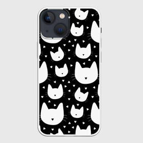 Чехол для iPhone 13 mini с принтом Love Cats Pattern в Петрозаводске,  |  | белый | кот | котенок | котэ | котя | котята | кошка | любовь | мимими | паттерн | сердечки | сердце | силуэт | черный | я люблю кошек