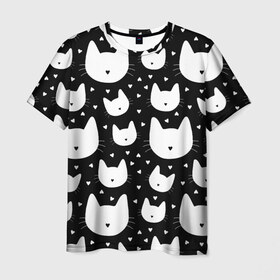 Мужская футболка 3D с принтом Love Cats Pattern в Петрозаводске, 100% полиэфир | прямой крой, круглый вырез горловины, длина до линии бедер | белый | кот | котенок | котэ | котя | котята | кошка | любовь | мимими | паттерн | сердечки | сердце | силуэт | черный | я люблю кошек