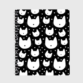 Тетрадь с принтом Love Cats Pattern в Петрозаводске, 100% бумага | 48 листов, плотность листов — 60 г/м2, плотность картонной обложки — 250 г/м2. Листы скреплены сбоку удобной пружинной спиралью. Уголки страниц и обложки скругленные. Цвет линий — светло-серый
 | Тематика изображения на принте: белый | кот | котенок | котэ | котя | котята | кошка | любовь | мимими | паттерн | сердечки | сердце | силуэт | черный | я люблю кошек