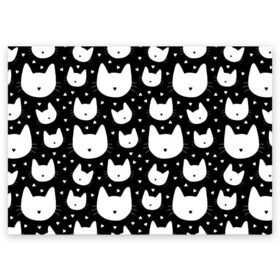 Поздравительная открытка с принтом Love Cats Pattern в Петрозаводске, 100% бумага | плотность бумаги 280 г/м2, матовая, на обратной стороне линовка и место для марки
 | белый | кот | котенок | котэ | котя | котята | кошка | любовь | мимими | паттерн | сердечки | сердце | силуэт | черный | я люблю кошек