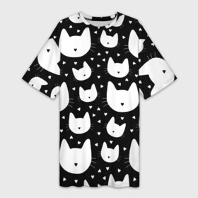 Платье-футболка 3D с принтом Love Cats Pattern в Петрозаводске,  |  | белый | кот | котенок | котэ | котя | котята | кошка | любовь | мимими | паттерн | сердечки | сердце | силуэт | черный | я люблю кошек