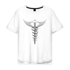 Мужская футболка хлопок Oversize с принтом Кадуцей Black в Петрозаводске, 100% хлопок | свободный крой, круглый ворот, “спинка” длиннее передней части | врач | доктор | женская | кадуцей | купить | лонгслив | майка | медик | медицина | мужская | подарок | символ | сувениры | толстовка | футболка