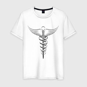 Мужская футболка хлопок с принтом Кадуцей Black в Петрозаводске, 100% хлопок | прямой крой, круглый вырез горловины, длина до линии бедер, слегка спущенное плечо. | врач | доктор | женская | кадуцей | купить | лонгслив | майка | медик | медицина | мужская | подарок | символ | сувениры | толстовка | футболка