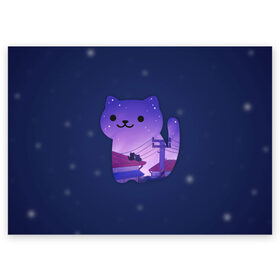 Поздравительная открытка с принтом Ночной Котик в Петрозаводске, 100% бумага | плотность бумаги 280 г/м2, матовая, на обратной стороне линовка и место для марки
 | cat | cats | kitten | kitty | night | pussy | sky | space | star | stars | звезда | звезды | космос | кот | котенок | котик | котики | коты | котята | кошка | кошки | небо | ночное | ночь