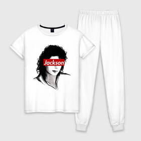 Женская пижама хлопок с принтом Michael Jackson в Петрозаводске, 100% хлопок | брюки и футболка прямого кроя, без карманов, на брюках мягкая резинка на поясе и по низу штанин | jackson | michael | джексон | майкл