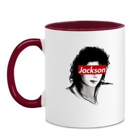 Кружка двухцветная с принтом Michael Jackson в Петрозаводске, керамика | объем — 330 мл, диаметр — 80 мм. Цветная ручка и кайма сверху, в некоторых цветах — вся внутренняя часть | jackson | michael | джексон | майкл