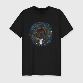 Мужская футболка хлопок Slim с принтом КосмоDj в Петрозаводске, 92% хлопок, 8% лайкра | приталенный силуэт, круглый вырез ворота, длина до линии бедра, короткий рукав | dj | space | астронавт | диджей | диск | космонавт | космос | музыка | планеты | пластинка | солнечная система