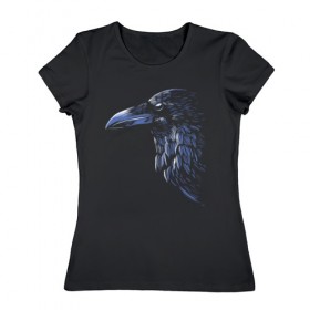 Женская футболка хлопок с принтом Ночной ворон в Петрозаводске, 100% хлопок | прямой крой, круглый вырез горловины, длина до линии бедер, слегка спущенное плечо | ворон | глаз | клюв | минимализм | ночь | перья | птица | рисунок | тень | хищник