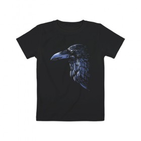 Детская футболка хлопок с принтом Ночной ворон в Петрозаводске, 100% хлопок | круглый вырез горловины, полуприлегающий силуэт, длина до линии бедер | Тематика изображения на принте: ворон | глаз | клюв | минимализм | ночь | перья | птица | рисунок | тень | хищник
