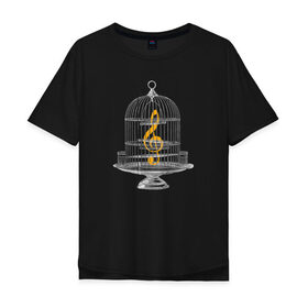 Мужская футболка хлопок Oversize с принтом Тишина в Петрозаводске, 100% хлопок | свободный крой, круглый ворот, “спинка” длиннее передней части | взаперти | звук | клетка | минимализм | музыка | ноты | сюрреализм | тишина