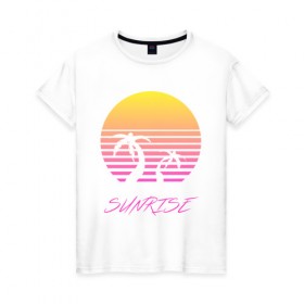 Женская футболка хлопок с принтом Retro sunrise в Петрозаводске, 100% хлопок | прямой крой, круглый вырез горловины, длина до линии бедер, слегка спущенное плечо | retro | sunrise | пальмы | розовый | солнце