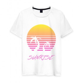 Мужская футболка хлопок с принтом Retro sunrise в Петрозаводске, 100% хлопок | прямой крой, круглый вырез горловины, длина до линии бедер, слегка спущенное плечо. | retro | sunrise | пальмы | розовый | солнце