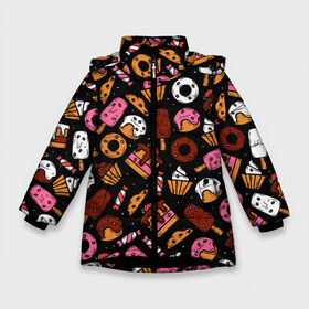 Зимняя куртка для девочек 3D с принтом Вкусняшки в Петрозаводске, ткань верха — 100% полиэстер; подклад — 100% полиэстер, утеплитель — 100% полиэстер. | длина ниже бедра, удлиненная спинка, воротник стойка и отстегивающийся капюшон. Есть боковые карманы с листочкой на кнопках, утяжки по низу изделия и внутренний карман на молнии. 

Предусмотрены светоотражающий принт на спинке, радужный светоотражающий элемент на пуллере молнии и на резинке для утяжки. | еда | кекс | клубника | конфеты | кулинария | леденец | мороженое | пекарь | печеньки | пирожное | повар | пончик | сладости | эскимо