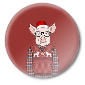 Значок с принтом New Year Pig в Петрозаводске,  металл | круглая форма, металлическая застежка в виде булавки | 2019 | merry christmas | new year | год свиньи | зима | новый год | поросенок | праздник | рождество | свинка | свинья