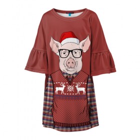 Детское платье 3D с принтом New Year Pig в Петрозаводске, 100% полиэстер | прямой силуэт, чуть расширенный к низу. Круглая горловина, на рукавах — воланы | 2019 | merry christmas | new year | год свиньи | зима | новый год | поросенок | праздник | рождество | свинка | свинья