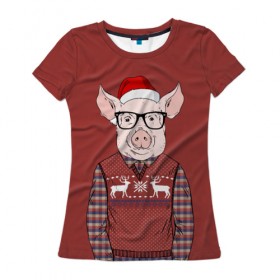 Женская футболка 3D с принтом New Year Pig в Петрозаводске, 100% полиэфир ( синтетическое хлопкоподобное полотно) | прямой крой, круглый вырез горловины, длина до линии бедер | 2019 | merry christmas | new year | год свиньи | зима | новый год | поросенок | праздник | рождество | свинка | свинья