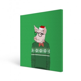 Холст квадратный с принтом New Year Hipster Pig в Петрозаводске, 100% ПВХ |  | 2019 | merry christmas | new year | год свиньи | зима | новый год | поросенок | праздник | рождество | свинка | свинья