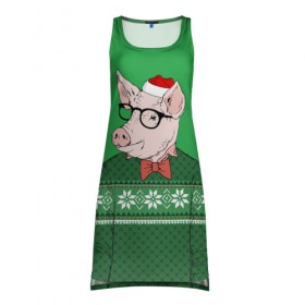 Платье-майка 3D с принтом New Year Hipster Pig в Петрозаводске, 100% полиэстер | полуприлегающий силуэт, широкие бретели, круглый вырез горловины, удлиненный подол сзади. | Тематика изображения на принте: 2019 | merry christmas | new year | год свиньи | зима | новый год | поросенок | праздник | рождество | свинка | свинья