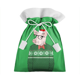 Подарочный 3D мешок с принтом New Year Hipster Pig в Петрозаводске, 100% полиэстер | Размер: 29*39 см | Тематика изображения на принте: 2019 | merry christmas | new year | год свиньи | зима | новый год | поросенок | праздник | рождество | свинка | свинья