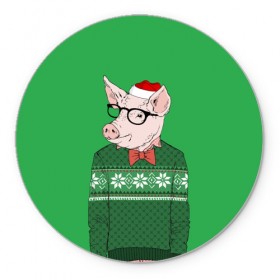 Коврик круглый с принтом New Year Hipster Pig в Петрозаводске, резина и полиэстер | круглая форма, изображение наносится на всю лицевую часть | 2019 | merry christmas | new year | год свиньи | зима | новый год | поросенок | праздник | рождество | свинка | свинья