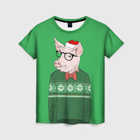 Женская футболка 3D с принтом New Year Hipster Pig в Петрозаводске, 100% полиэфир ( синтетическое хлопкоподобное полотно) | прямой крой, круглый вырез горловины, длина до линии бедер | 2019 | merry christmas | new year | год свиньи | зима | новый год | поросенок | праздник | рождество | свинка | свинья