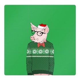 Магнитный плакат 3Х3 с принтом New Year Hipster Pig в Петрозаводске, Полимерный материал с магнитным слоем | 9 деталей размером 9*9 см | Тематика изображения на принте: 2019 | merry christmas | new year | год свиньи | зима | новый год | поросенок | праздник | рождество | свинка | свинья