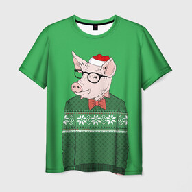 Мужская футболка 3D с принтом New Year Hipster Pig в Петрозаводске, 100% полиэфир | прямой крой, круглый вырез горловины, длина до линии бедер | Тематика изображения на принте: 2019 | merry christmas | new year | год свиньи | зима | новый год | поросенок | праздник | рождество | свинка | свинья