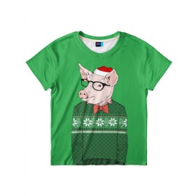 Детская футболка 3D с принтом New Year Hipster Pig в Петрозаводске, 100% гипоаллергенный полиэфир | прямой крой, круглый вырез горловины, длина до линии бедер, чуть спущенное плечо, ткань немного тянется | Тематика изображения на принте: 2019 | merry christmas | new year | год свиньи | зима | новый год | поросенок | праздник | рождество | свинка | свинья