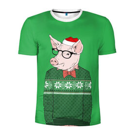 Мужская футболка 3D спортивная с принтом New Year Hipster Pig в Петрозаводске, 100% полиэстер с улучшенными характеристиками | приталенный силуэт, круглая горловина, широкие плечи, сужается к линии бедра | Тематика изображения на принте: 2019 | merry christmas | new year | год свиньи | зима | новый год | поросенок | праздник | рождество | свинка | свинья