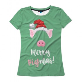 Женская футболка 3D с принтом Merry Pigmas в Петрозаводске, 100% полиэфир ( синтетическое хлопкоподобное полотно) | прямой крой, круглый вырез горловины, длина до линии бедер | 2019 | merry christmas | new year | год свиньи | зима | новый год | поросенок | праздник | рождество | свинка | свинья