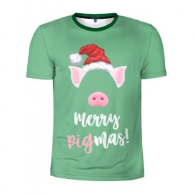 Мужская футболка 3D спортивная с принтом Merry Pigmas в Петрозаводске, 100% полиэстер с улучшенными характеристиками | приталенный силуэт, круглая горловина, широкие плечи, сужается к линии бедра | Тематика изображения на принте: 2019 | merry christmas | new year | год свиньи | зима | новый год | поросенок | праздник | рождество | свинка | свинья