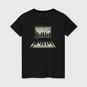 Женская футболка хлопок с принтом Город музыки в Петрозаводске, 100% хлопок | прямой крой, круглый вырез горловины, длина до линии бедер, слегка спущенное плечо | urban | гитара | город | город музыки | звуки | клавиши | минимализм | музыка | пианино | птицы | рояль