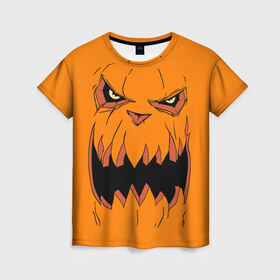 Женская футболка 3D с принтом Halloween в Петрозаводске, 100% полиэфир ( синтетическое хлопкоподобное полотно) | прямой крой, круглый вырез горловины, длина до линии бедер | halloween | orange | pumpkin | scary | оранжевая | страшная | тыква | ужас | хэллоуин