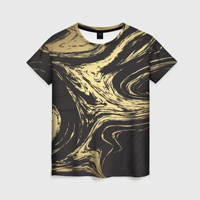 Женская футболка 3D с принтом Золотые реки в Петрозаводске, 100% полиэфир ( синтетическое хлопкоподобное полотно) | прямой крой, круглый вырез горловины, длина до линии бедер | абстракция | золото | иллюзия | линии | река