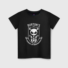 Детская футболка хлопок с принтом Burton`s School Of Nightmares в Петрозаводске, 100% хлопок | круглый вырез горловины, полуприлегающий силуэт, длина до линии бедер | бёртон | герб | депп | джони деп | кино | логотип | режиссер | тим бертон | фильм | школа