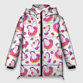 Женская зимняя куртка 3D с принтом Единорожки и вкусняшки в Петрозаводске, верх — 100% полиэстер; подкладка — 100% полиэстер; утеплитель — 100% полиэстер | длина ниже бедра, силуэт Оверсайз. Есть воротник-стойка, отстегивающийся капюшон и ветрозащитная планка. 

Боковые карманы с листочкой на кнопках и внутренний карман на молнии | cake | deliciouse | dunt | eat | kawaii | sweets | unicorn | unicorns | вкусняшки | десерт | еда | единорог | единороги | кавай | кекс | пончик | сладкое | сладости | торт