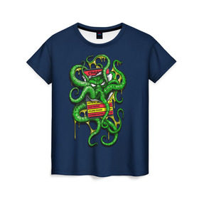 Женская футболка 3D с принтом Ктулху в Петрозаводске, 100% полиэфир ( синтетическое хлопкоподобное полотно) | прямой крой, круглый вырез горловины, длина до линии бедер | call | cthulhu | howard | kraken | lovecraft | octopus | tentacles | говард | зов | кракен | ктулху | лавкрафт | осьминог | щупальца